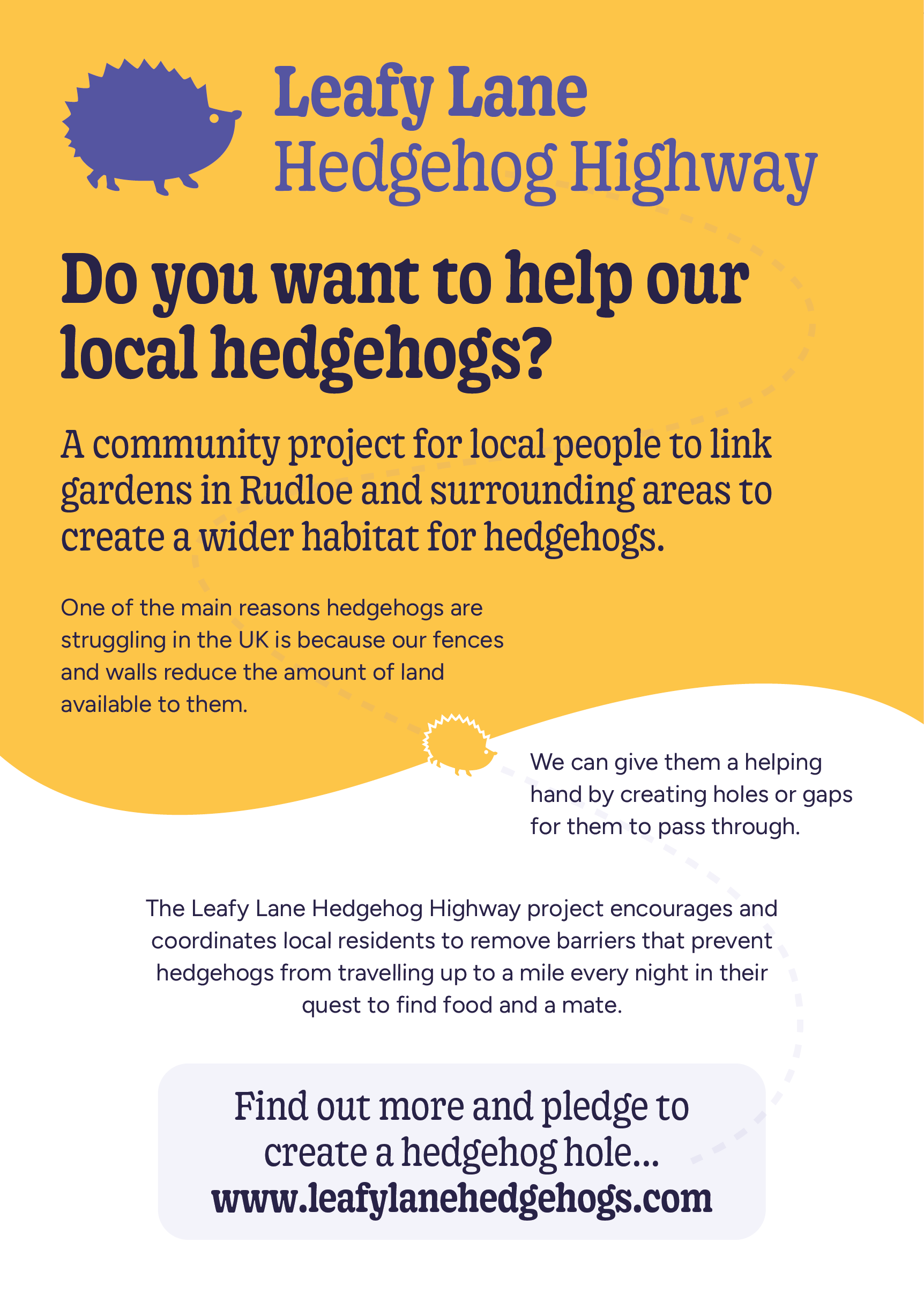 A5 Flyer for the Leafy Lane Hedgehogs project